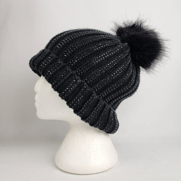Black Knit Rhinestone Studded Fur Pom Pom Toque - Picture 1 of 8